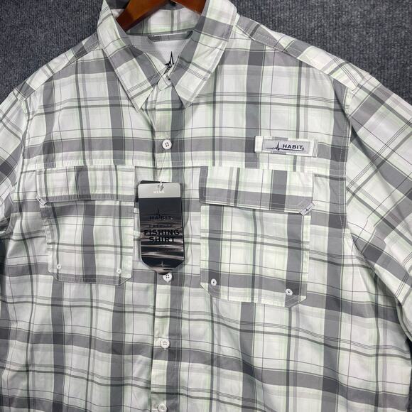 Habit NWT Button Down Fishing Shirt Men's Large Gray/Green Plaid UPF 40+ - Picture 2 of 11